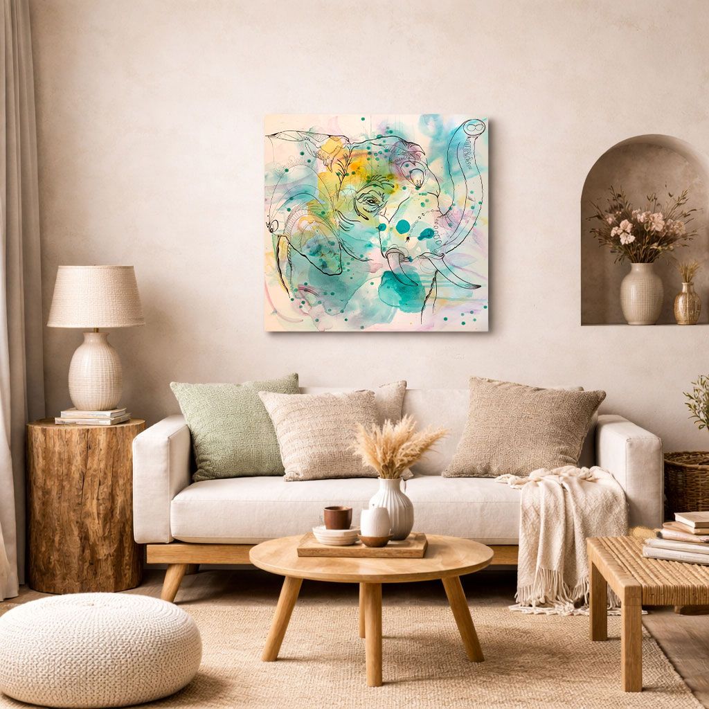 Interior mit Elefanten-Kunstwerk als Symbol für innere Stärke und Ruhe