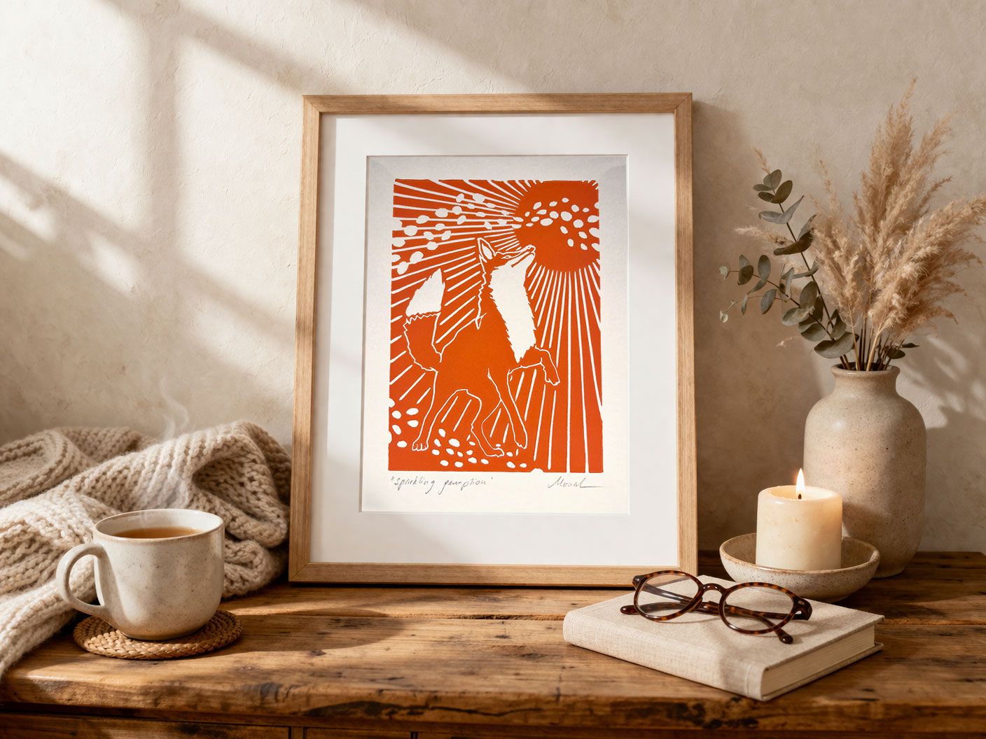 Interior design featuring a linocut print titled Sparkling Gumption: Spirit Animal Fox by Simona Ledl
