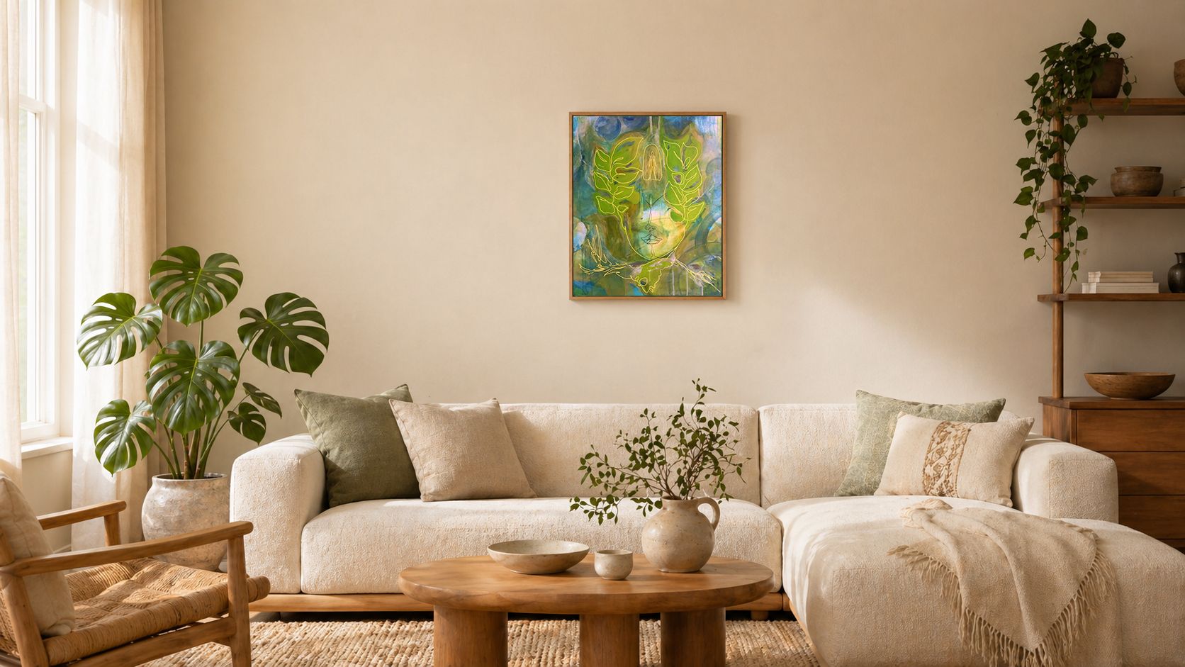 Wohnzimmer mit Kunst von Simona Ledl als positive Energie im Raum