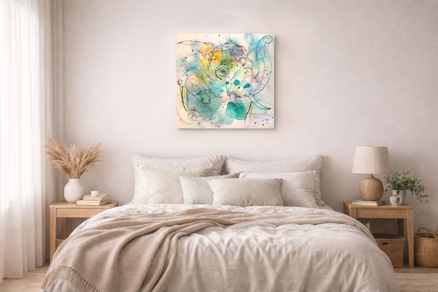 Schlafzimmer mit Kunst von siMONA Ledl als Symbol für Ruhe, Geborgenheit und Wohlgefühl