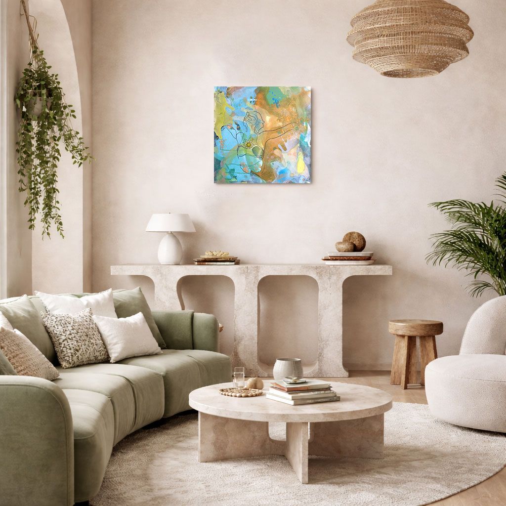 Wohnzimmer mit farbenfroher Kunst von Simona Ledl als positive Energie im Raum